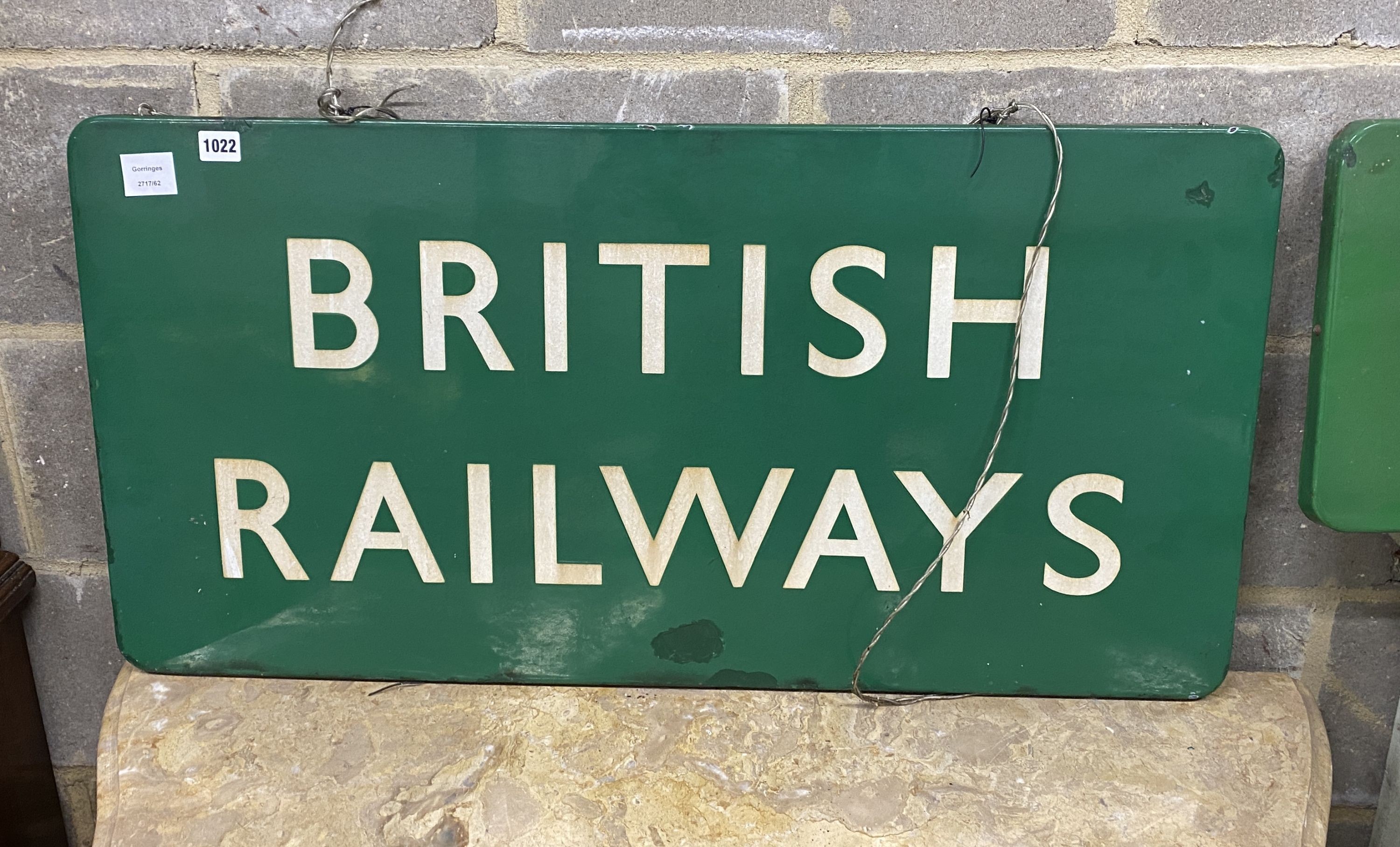 A vintage British Railways green and white rectangular enamel sign, width 91cm, height 46cm